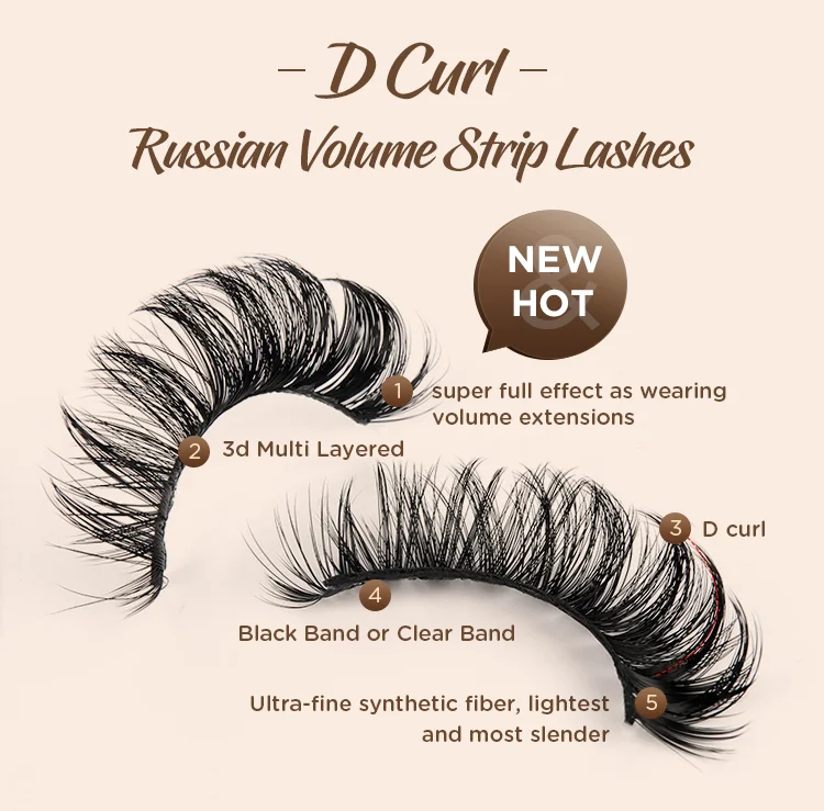 Hollyren Private Logo D Curl Russian Strip Eyelashes Vendor Wholesale Faux Mink Cruelty Free Vegan Volume Strip Lashes D Curl