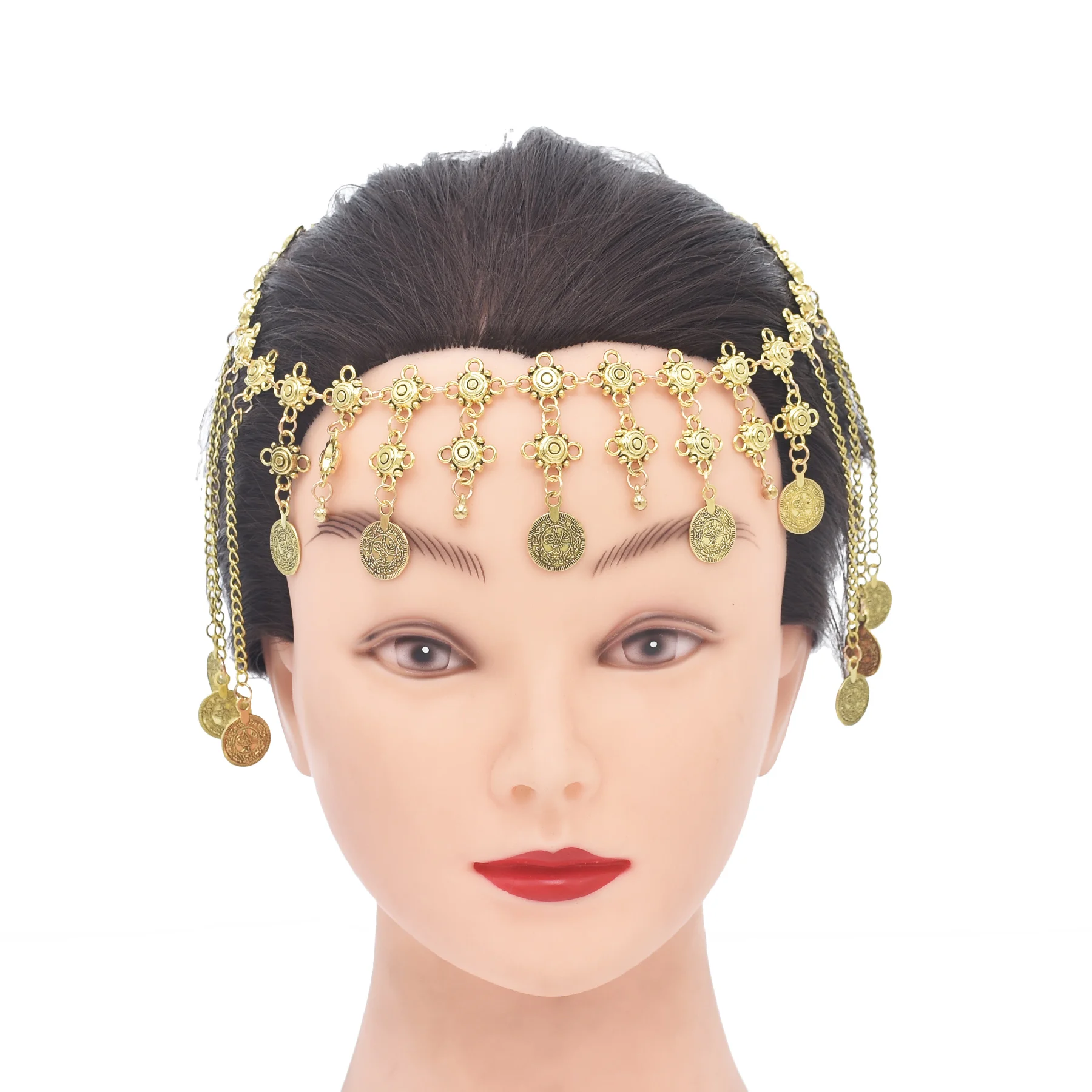 Maang Tikka Women Gold Silver Coins Ball Tassel Belly Dance Head Chain Costume Gypsy Jewelry