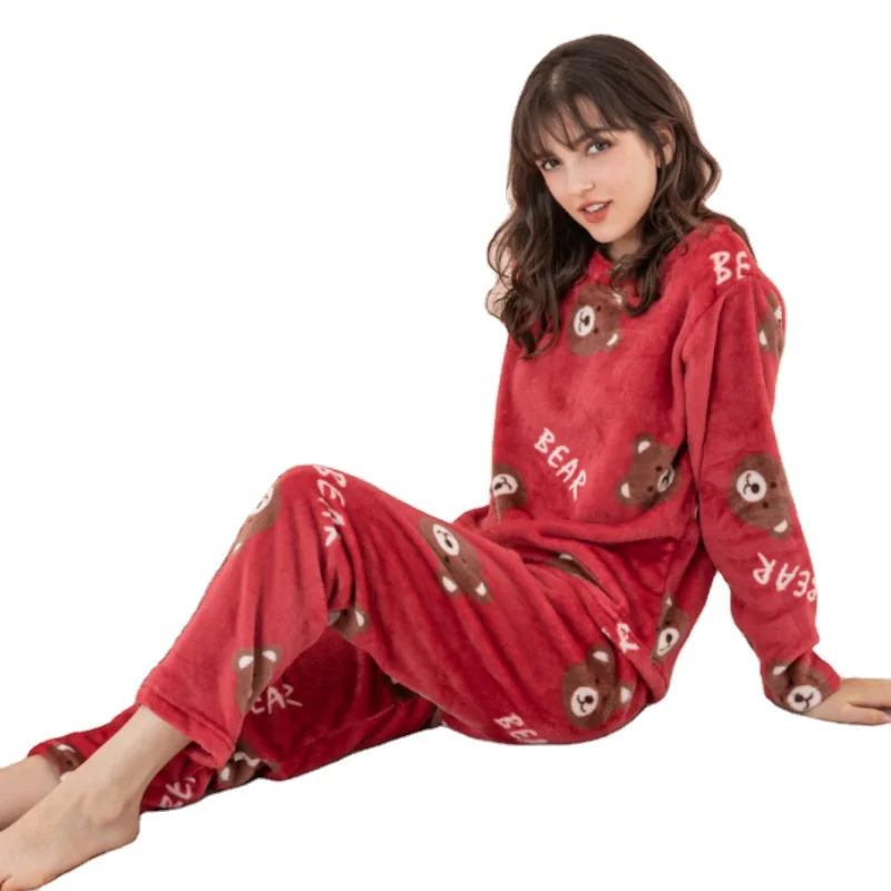 2021 newly cheap wholesale lovely bear printed flannel winter sleep wear set women pajamas