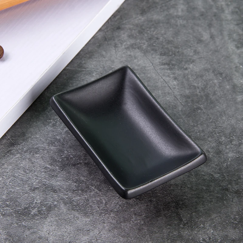 Japanese Style Tiktok Matte Black Rectangle Small Snack Dish Porcelain Sushi Plate Ceramic Black With Bamboo Tray