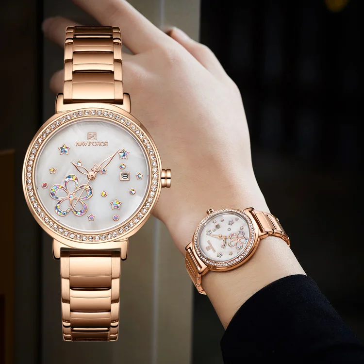 NAVIFORCE 5016 Women Wrist Watches Luxury Fashion New Times Quartz Watch Stainless Steel Japan Quartz Diamond Watch for Ladies
