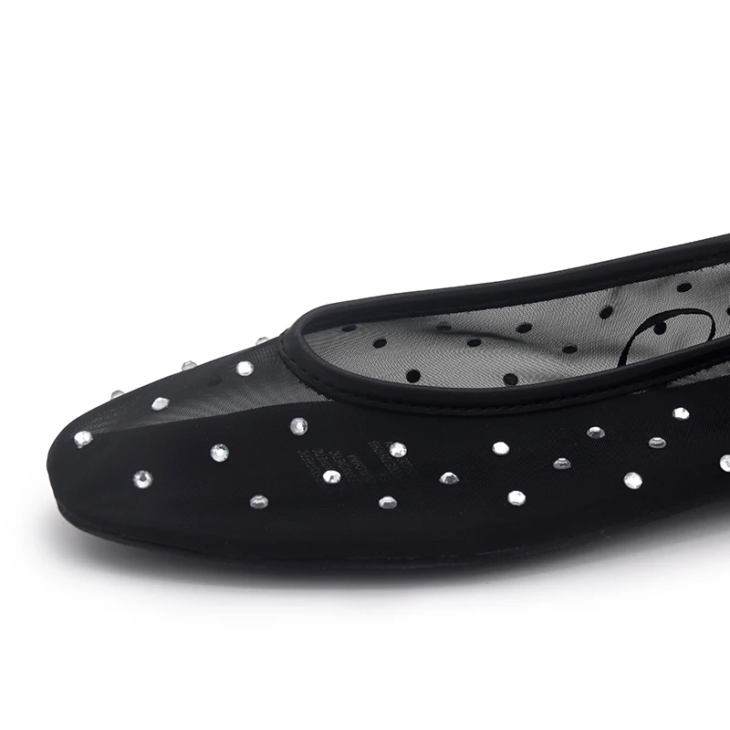Trending footwear 2024 bling diamonds ladies wholesale china flat black shoe breathable mesh women ballerina shoes for female