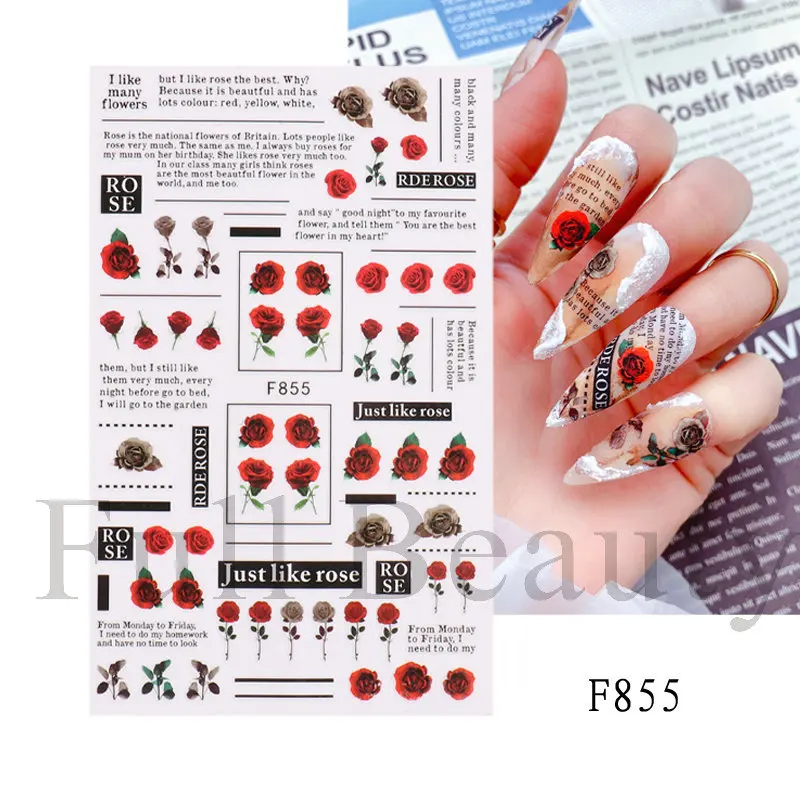 3D Red Gold Rose Nail Sticker Flower Nail Art Decorations Valentine Love Stickers Korean Cute Pink Rose Flower Decals For Girls