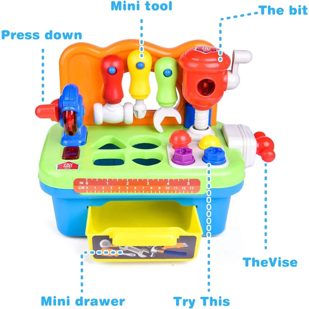 Kids pretend play workshop construction workbench toy shape sorter mini tool kit baby tool bench play set with sounds and lights