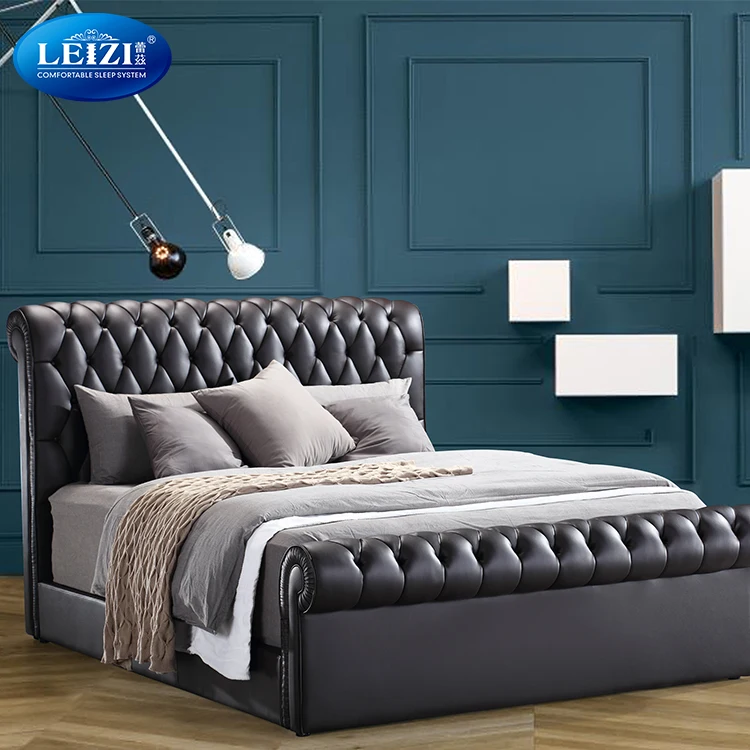 Rolled and Button-Tufted king size bedroom furniture wood bed