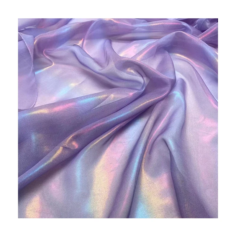colorful chiffon shining rainbow foil printed 100% polyester tulle chiffon fabric satin silk roll lace fabric for chiffon dress
