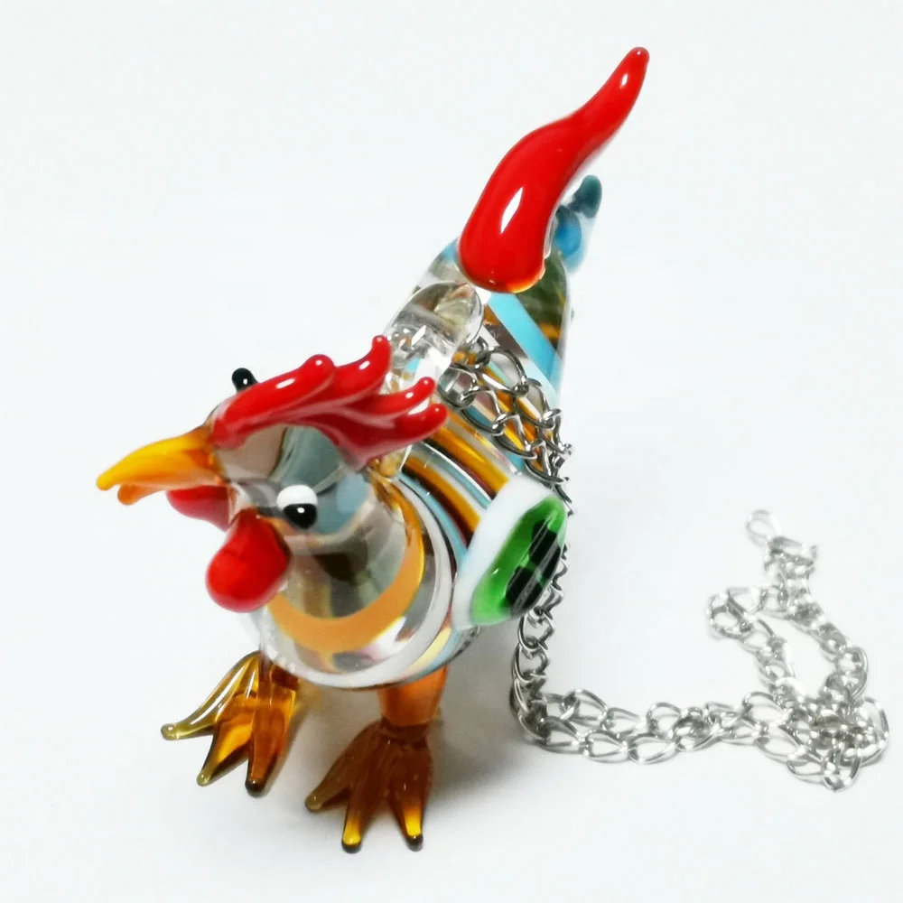 Wholesale French Gallic Rooster Handmade Murano Glass Cock Metal Chain Hanging Rooster Figurine for Home Garden Tree Ornaments