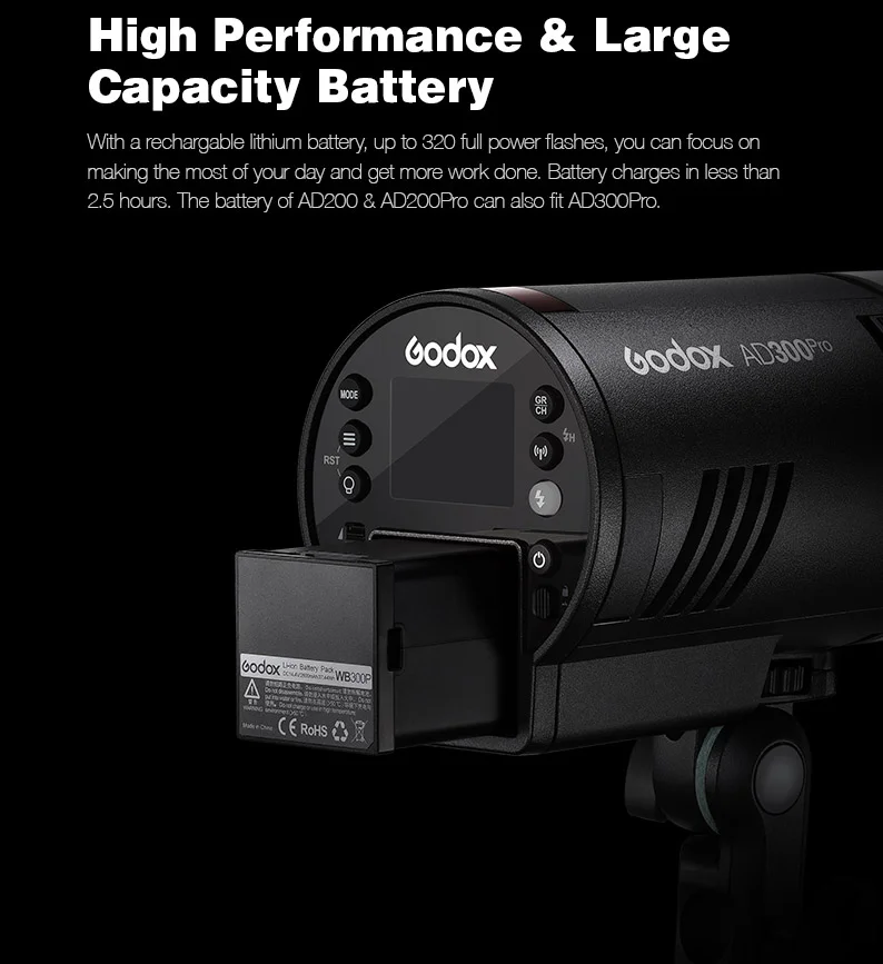 Godox Studio Flash AD300Pro Outdoor Flash Light 300Ws with 2600mAh Battery for all brands camera