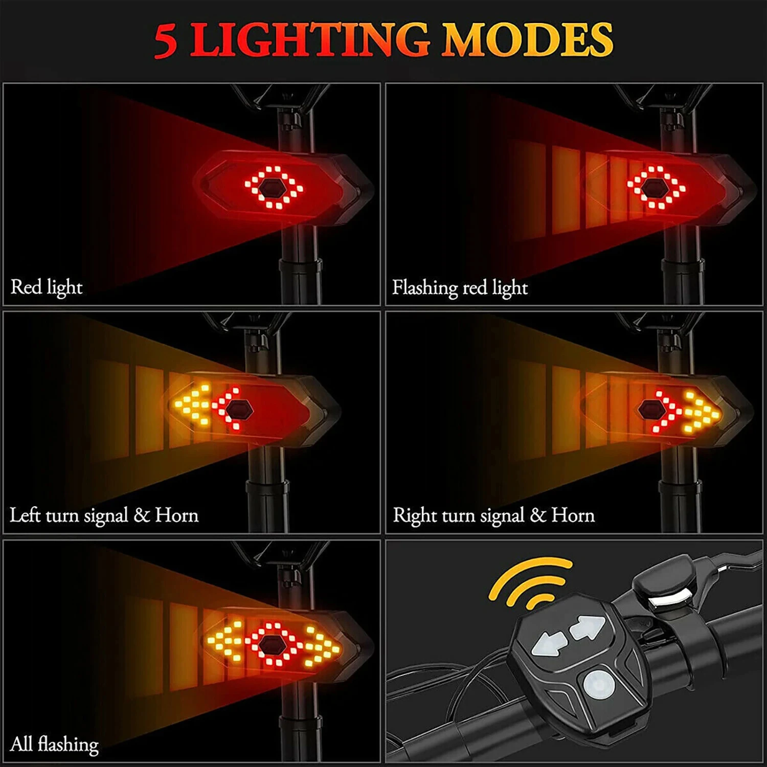 Bike Tail Light with Turn Signal Remote Switch Wireless LED Bike Light Rechargeable Waterproof Bicycle Rear Light Safety Warning