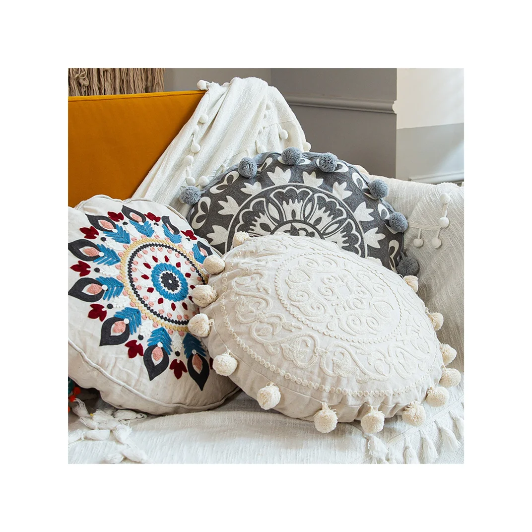 Ethnic Style Handmade Embroidery Round Pillow Cover Living Room Sofa Cushion Round Ball Indian Decorative Pillow Cover