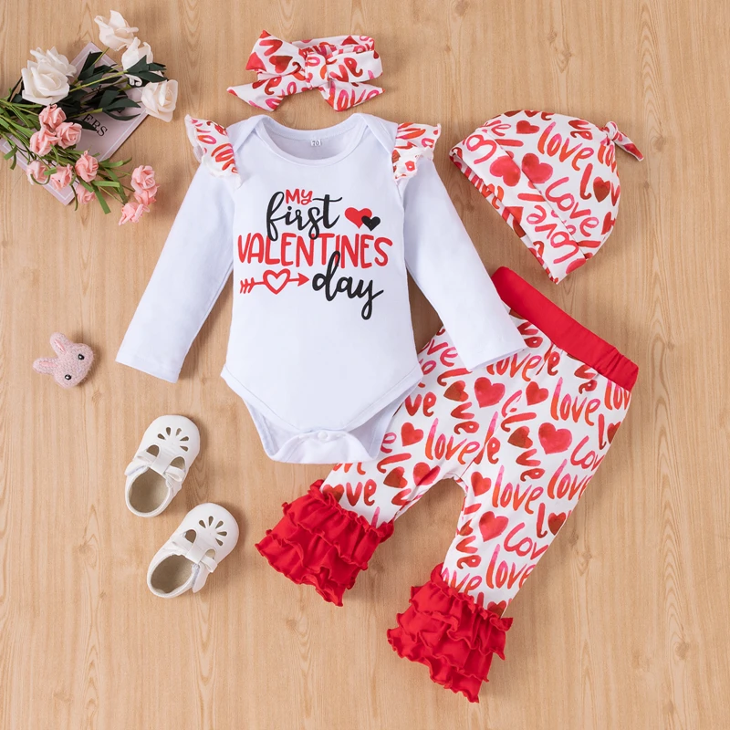 Fall 100% Cotton Newborn Boutique Clothes 1st Valentine Kid Outfits Baby Girl Clothing Sets Infant My First Valentines Day Gift