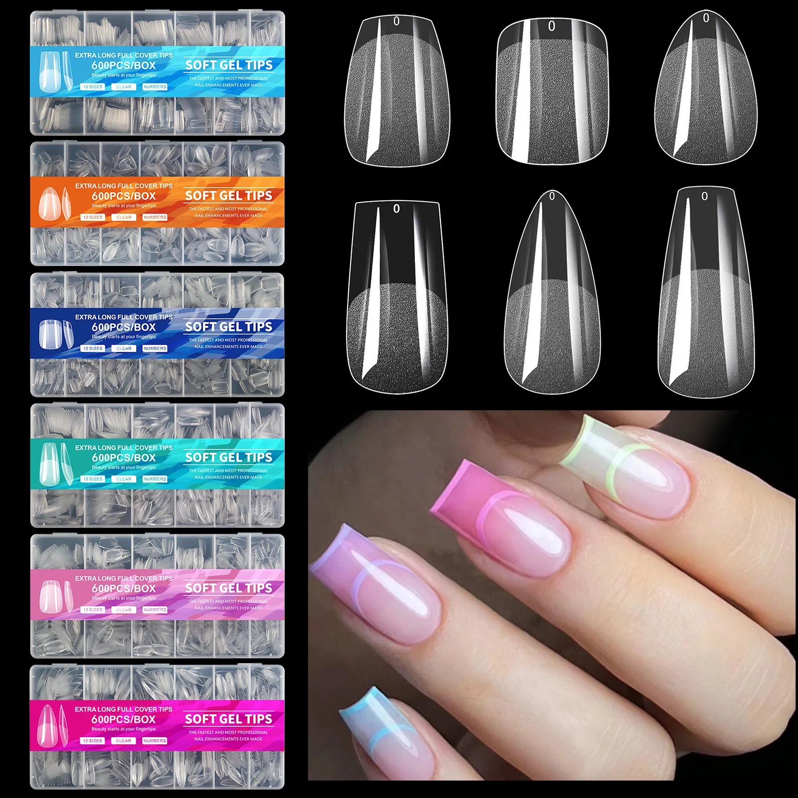 600 PCs Acrylic False Nails Coffn  stiletto clear extra short almond square round full cover matte Gel x nail tips