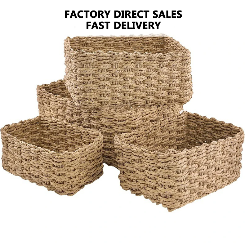 Recycled paper woven storage box, handmade woven storage basket,clothing, cosmetics, miscellaneous items sorting and storage