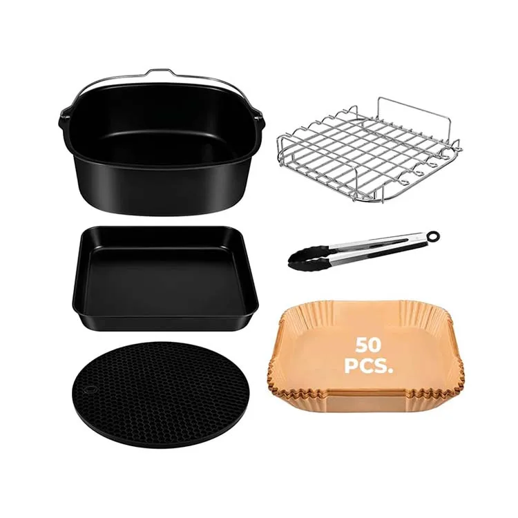 8-inch Baking Utensils 6 Pieces Set of Square Cake Basket Grill Pizza Pan for 5.2 Qt-6.3 QT Air Fryer Accessories