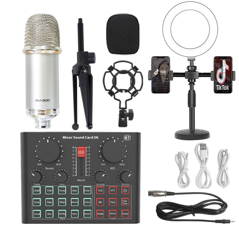 
D6 Mixer Sound Card Dm800 Condenser Microphone Live Phone Set Pc Computer Tripod Professional Game Usb Stream Stand Recording 