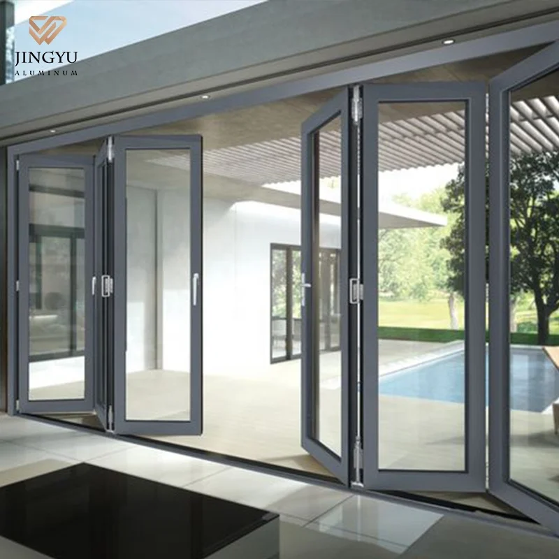 Soundproof Folding Door System Exterior Balcony Tempered Glass Aluminium Bifold Patio Doors