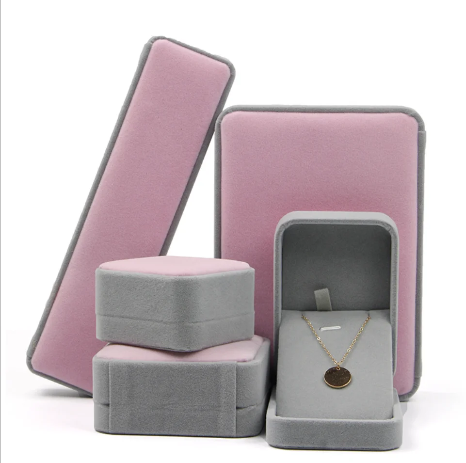 Оптовая продажа, розовые серые подарочные коробки для ювелирных изделий, бархатная упаковка для подкладки, бархатная коробка для ювелирных изделий