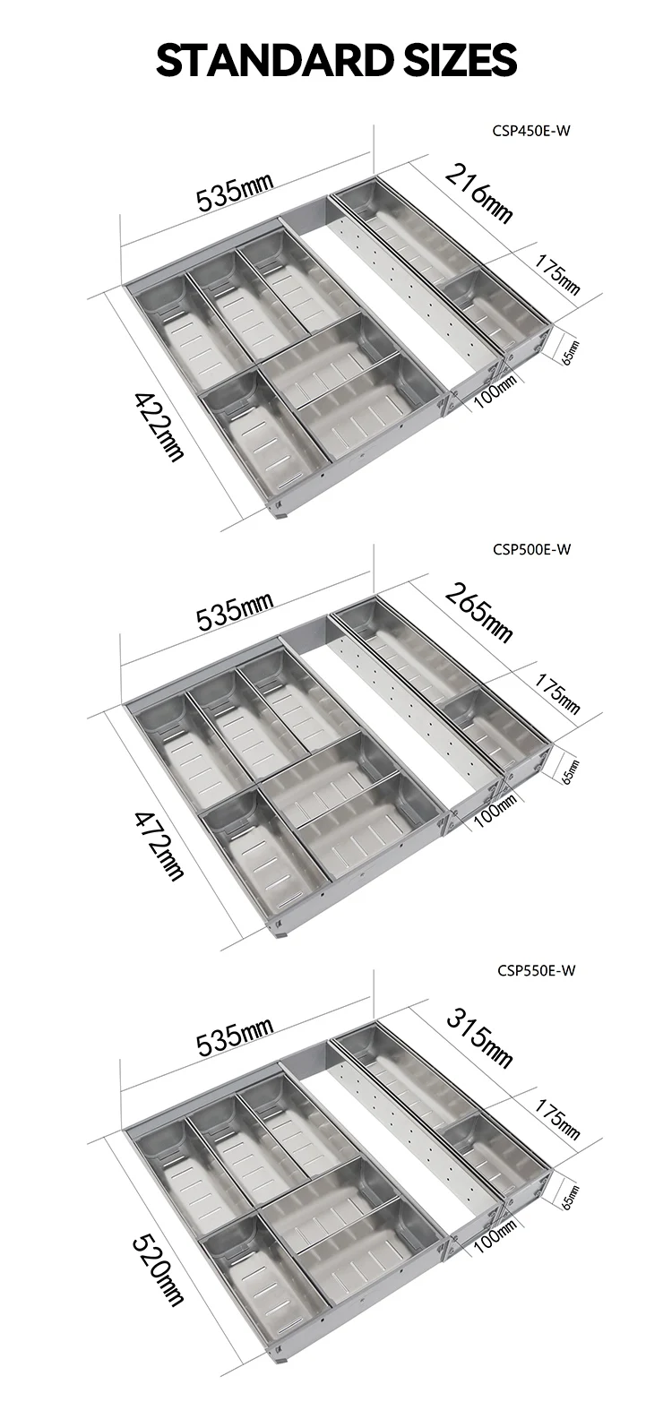 Food Grade Stainless Steel Kitchen  Cupboard Cutlery Tray Drawer Utensils Partition Freely Storage Pull Out Rack