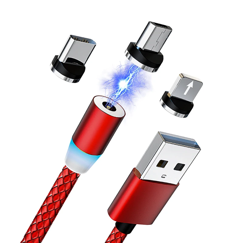
360 degree rotatable braided 3 in 1 magnetic charging usb cable with LED light 