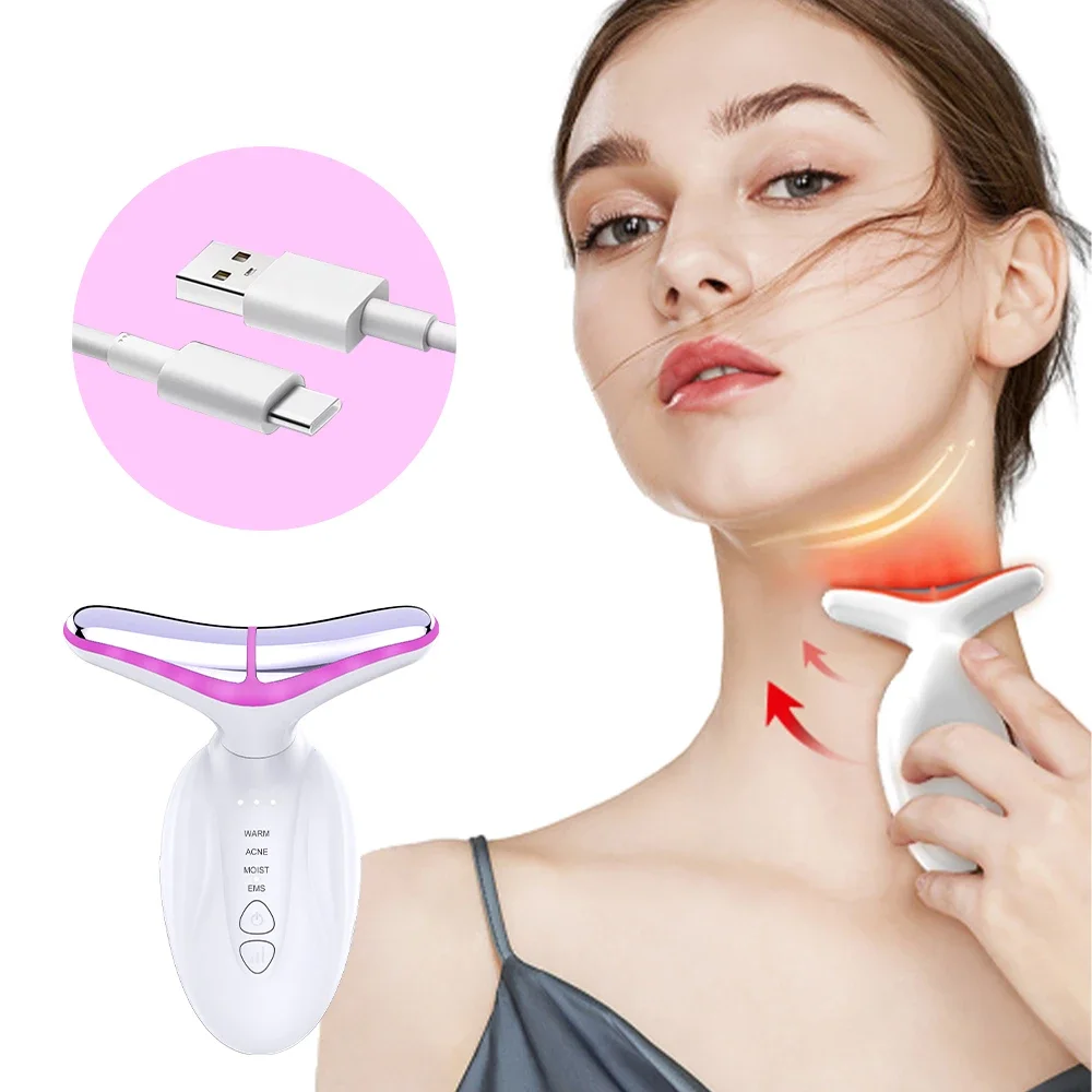 Micro-Current Neck Face Lifting Massager Hot Compress Double Chin Reducer LED Photon Skin Rejuvenation Neck Beauty Device