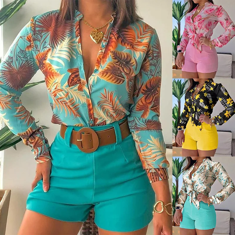 Style Blouse Blouse Long Sleeves V Collar Matching Color Retro for Women Summer Casual Woven Chiffon Printed 100% Cotton