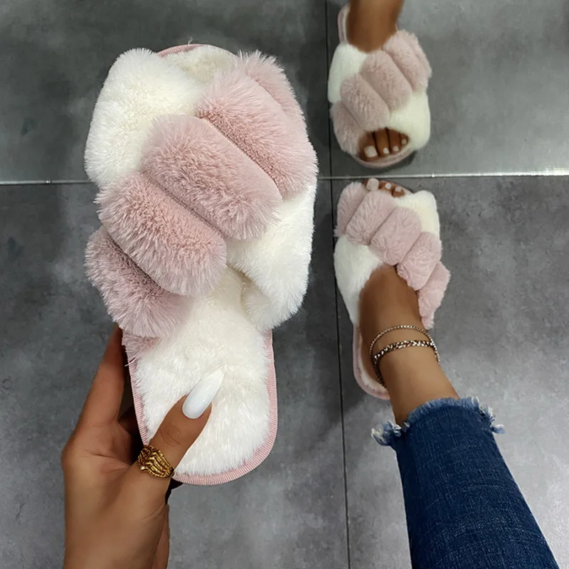 Classic Design Women Winter House Furry Slippers Fluffy Faux Fur Home Slides Flat Fashion Indoor Floor Shoes Ladies Flip Flops
