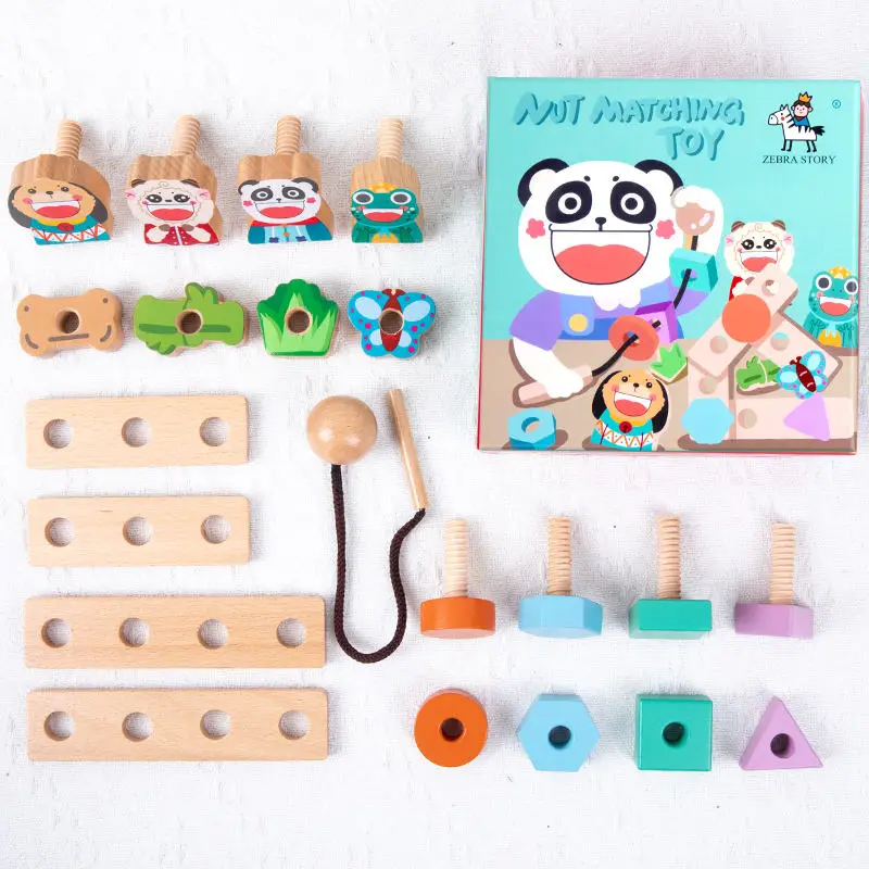 Educational building toy wooden lacing beads Wooden Animal Screw Set Toy