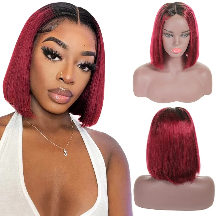 Best Reviewed 13X4 Transparent Lace #1B/99j Red Silky Straight 100% Virgin Short Cuts Human Hair Wig