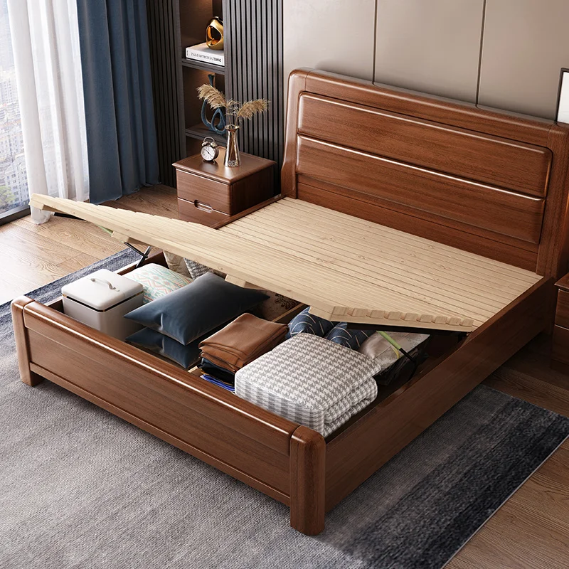 Luxury bedroom furniture set walnut bed modern Chinese double solid wood bed 1.8m wedding storage king bed