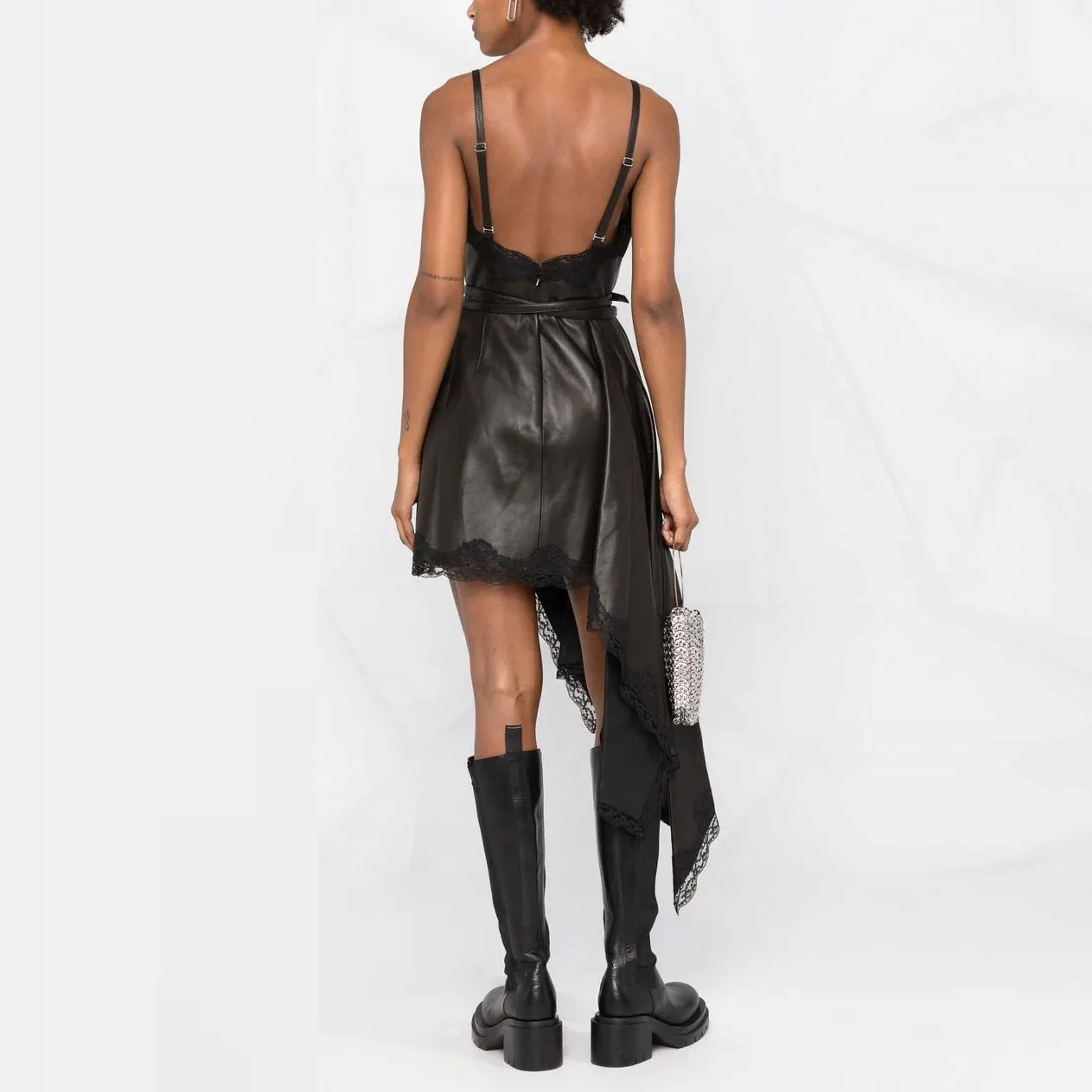 OEM Fashionable Strap V Neck Waist Brand PU Backless Women Party Asymmetric Lace-trim Mini Black Leather Dress