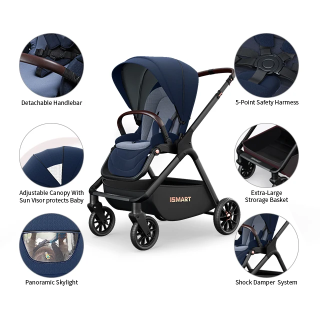Smart Stroller Hot sell luxury 3-in-1 stroller with Car Seat Pram Reversible Bassinet OEM Easy Clean Grey Frame