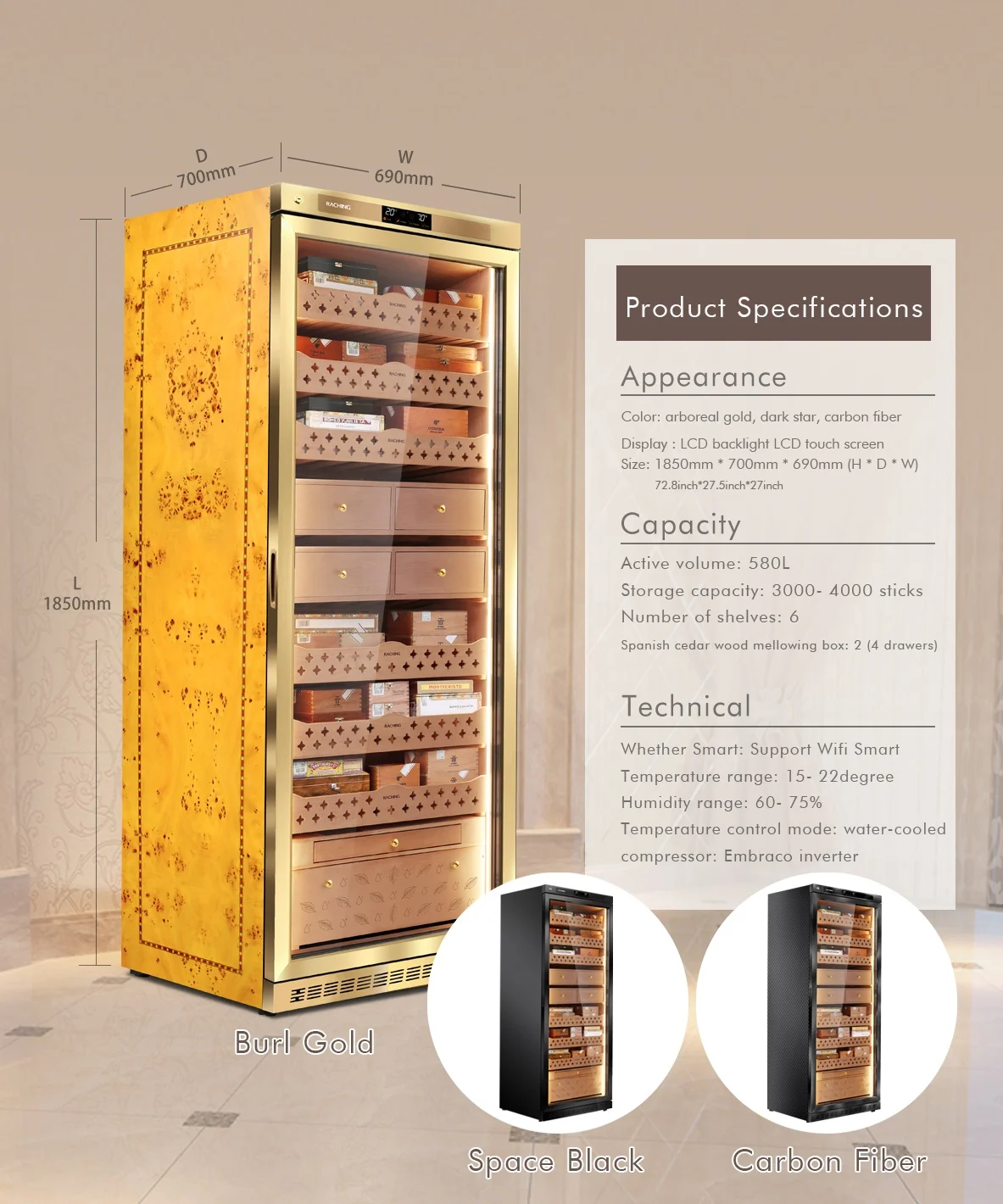 Raching MON5800A Cigar Humidor With Spanish Cedar Wood Cigar Cooler Cabinet 3000-4000 Cigars