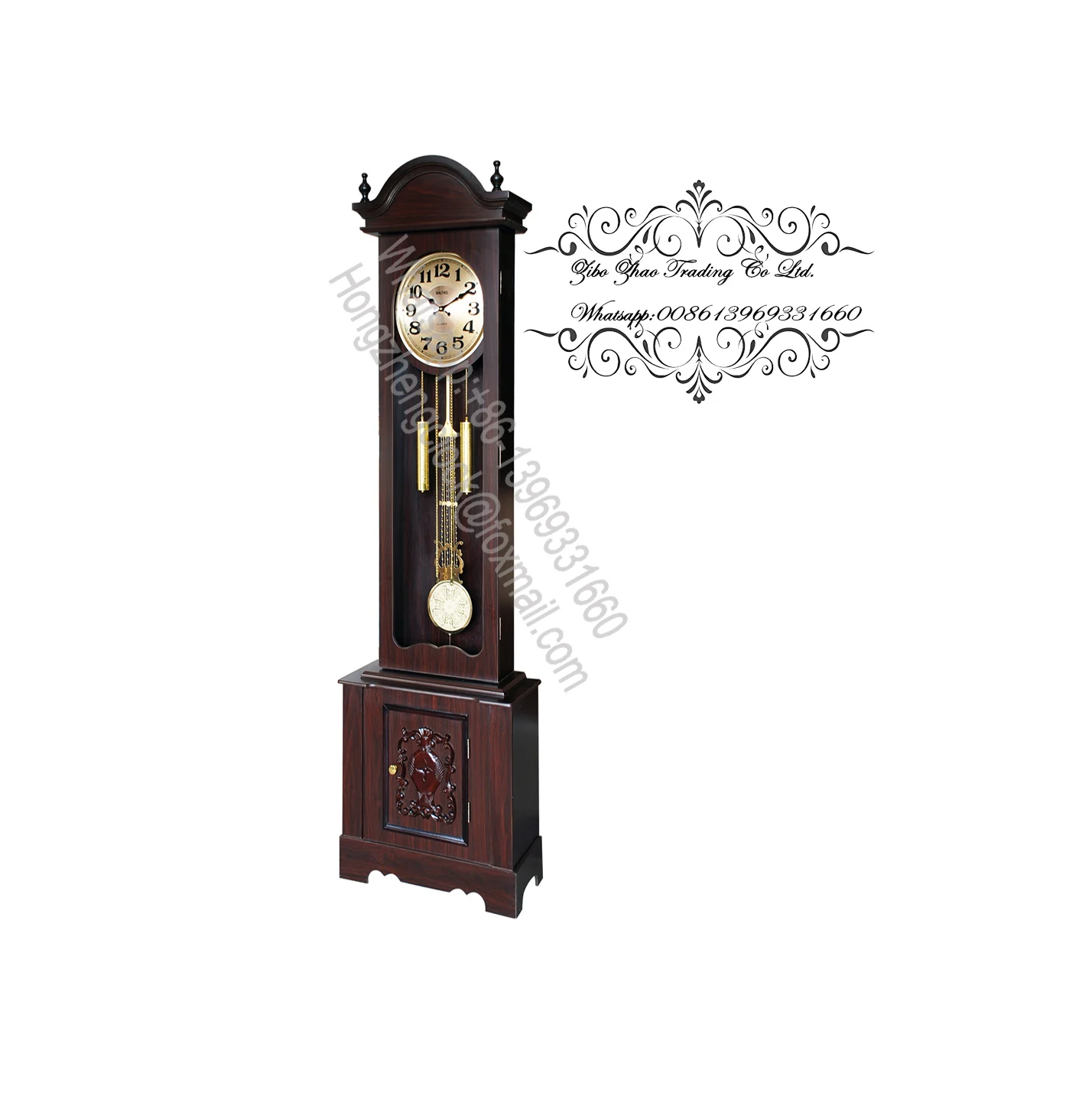 The weight shells are finished in brushed antique brass Grandfather clock made Hand-rubbed Windsor Cherry finish