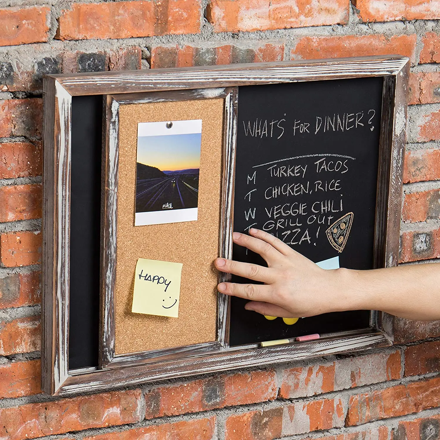 
Rustic Burnt Wood Framed Wall Mounted Magnetic Chalkboard and Sliding Cork Board 