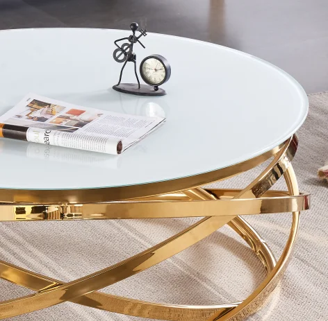Hot Sale High Fashion Design Modern Furniture Living Room Table Metal Base Super White Tempered Glass Round Gold Coffee Tables