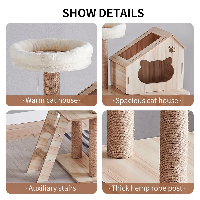 Medium-sized indoor wooden cat condo spire cat house, platform, sisal scratching post with cat litter box luxury cat tower tree