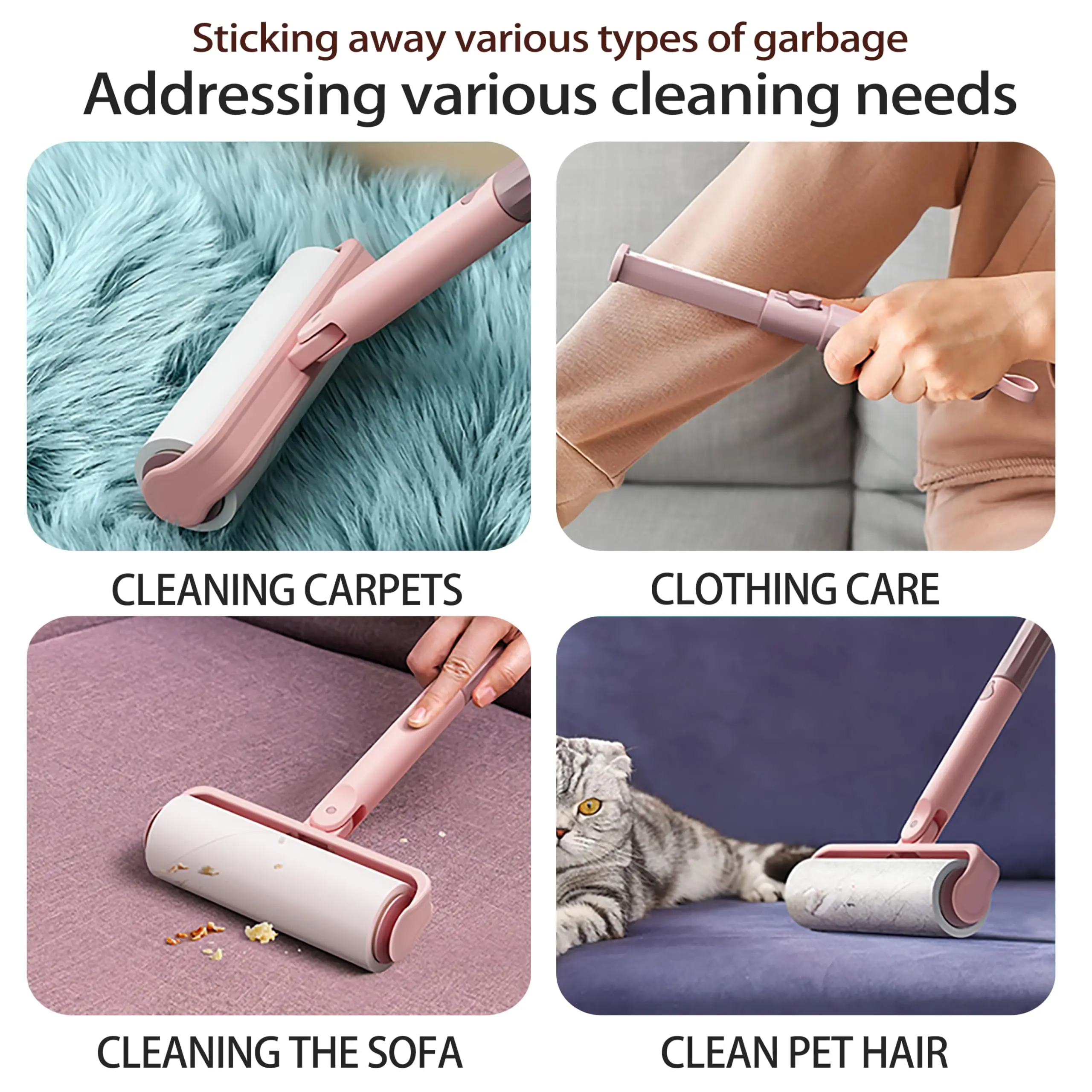 Extendable Long Lint Roller With Dust-Proof Cover Includes 3 Refills 180 Sheets for Furniture Clothes Floor Carpet Curtains