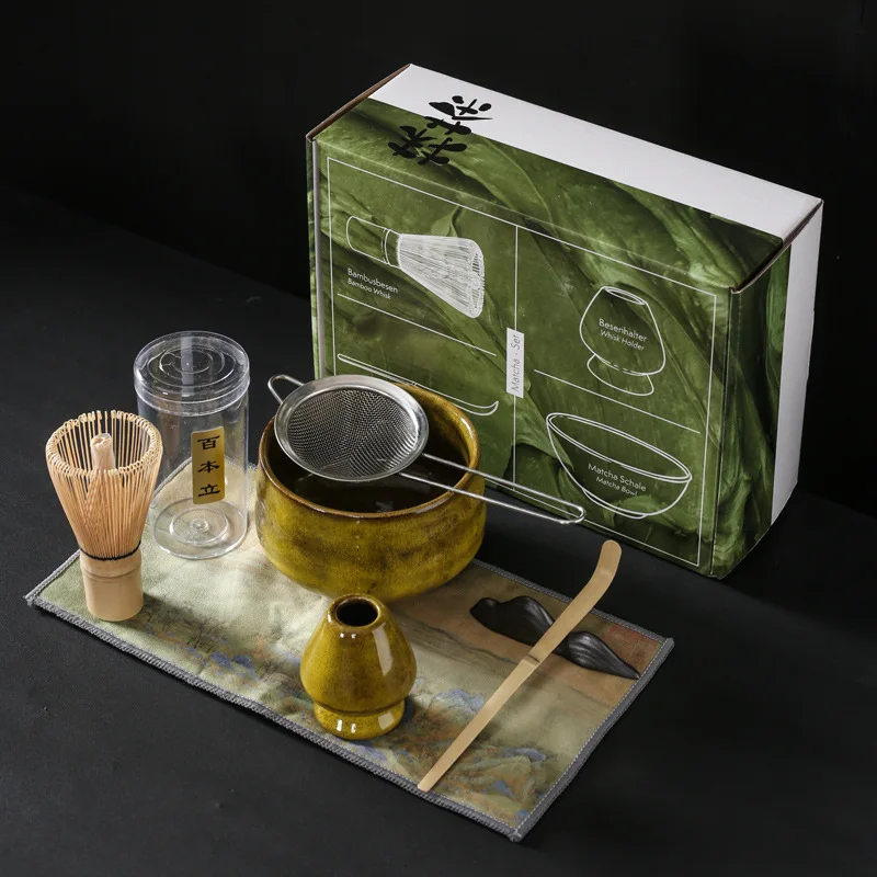 Ceramic Matcha Set with Filter Jat Pot Bamboo Whisk Stand Ceramic Bowl Cup Spoon Holder Kit Tools Gift Box