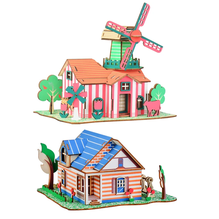 3D Metal Puzzle Assemble Model Kits DIY Wooden Toy Mini Architectural Villa Model of Fontainebleau Villa