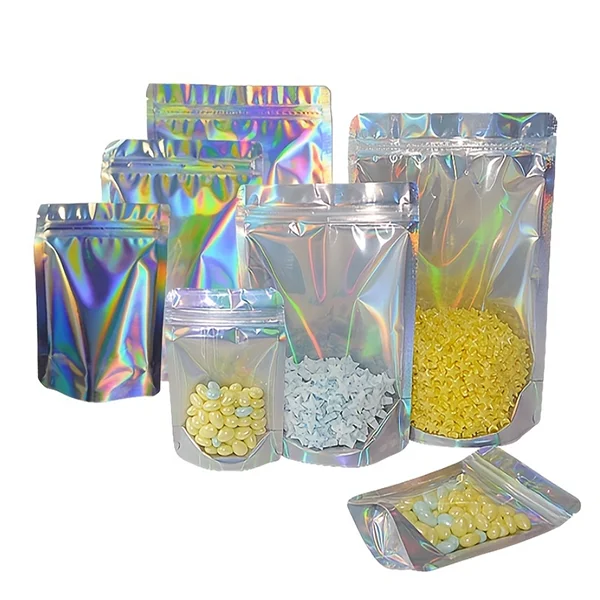 Custom Glossy Holographic Three-Sided Sealing Laser Film Plastic Food Packaging Bag with Zipper Top Smell Proof