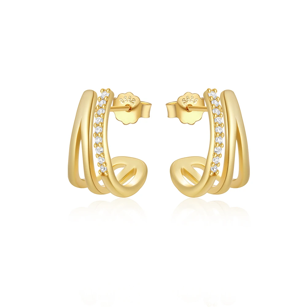 Minimalist 925 Sterling Silver 18k Gold Plated Cubic Zirconia Triple Huggie C-Shaped Women Hoop Earring
