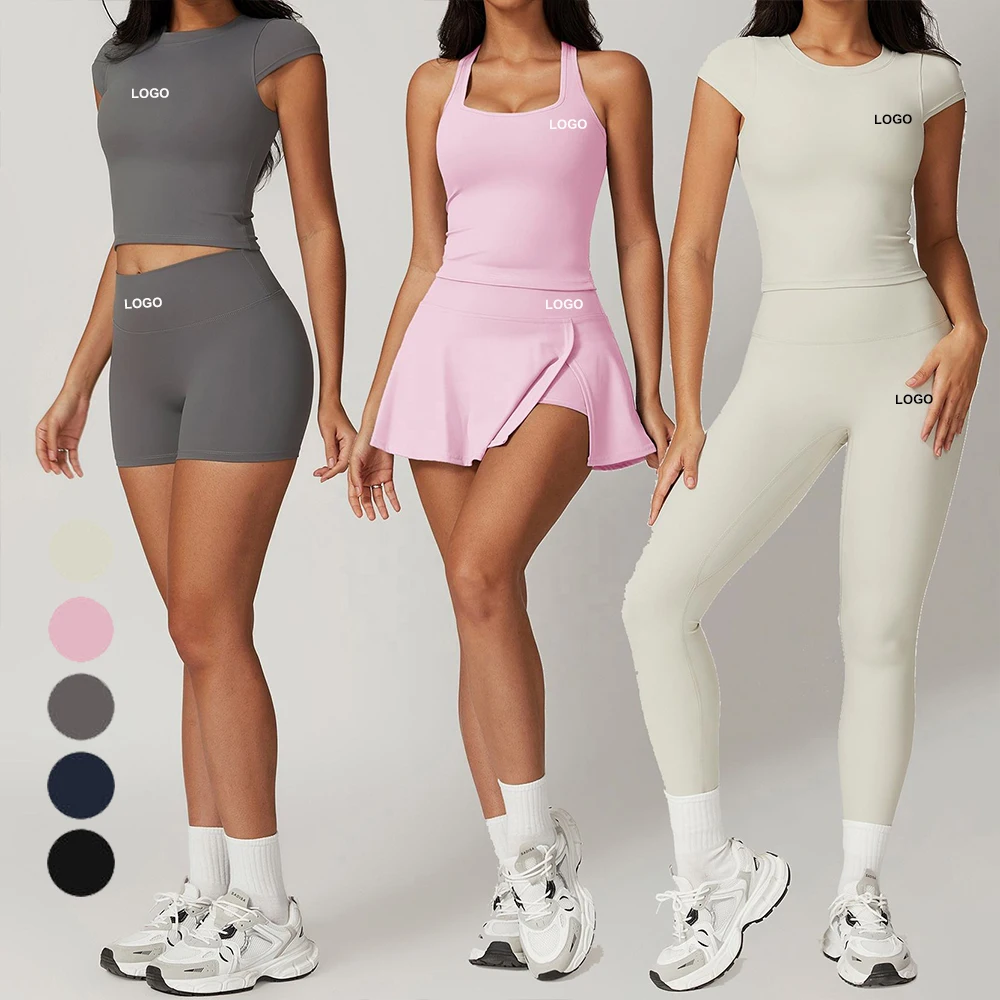 OEM Sports Bra Tennis Golf Skirt Clothing 5pcs Suit Workout T shirt Wear Yoga Leggings Women Biker Shorts Gym Fitness Sets