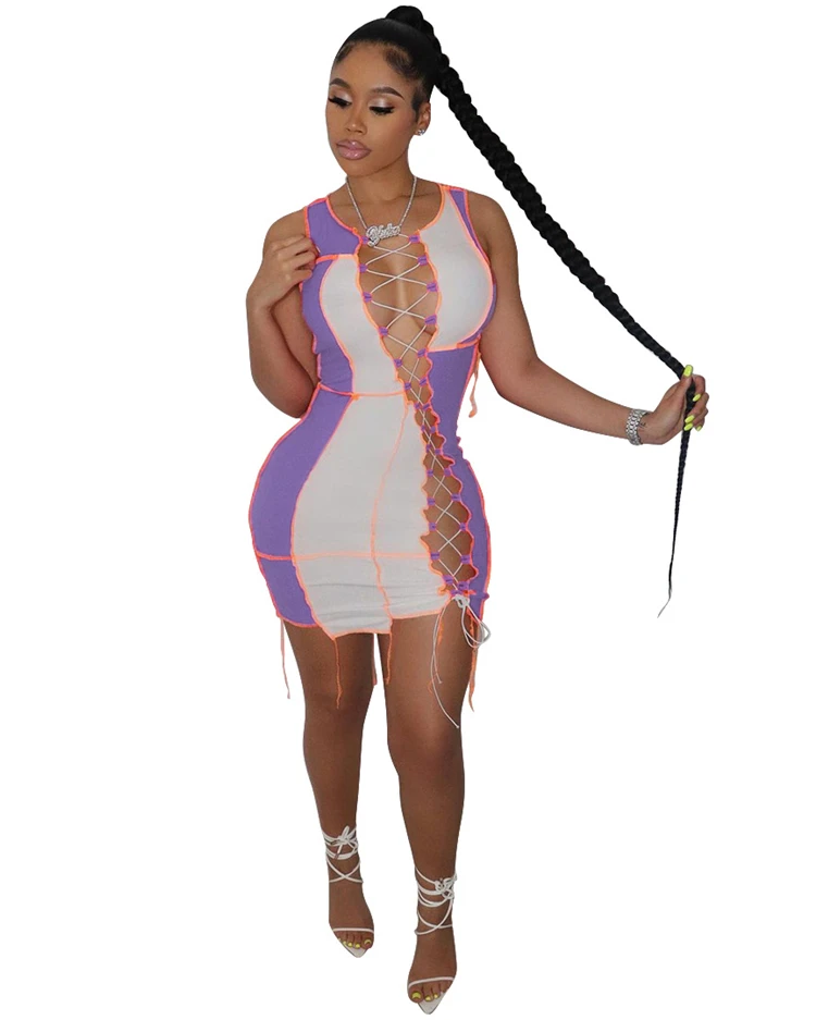 DUODUOCOLOR Summer 2021 bodycon dresses clashing color splicing sexy club wear hollow out bandage dress D97227