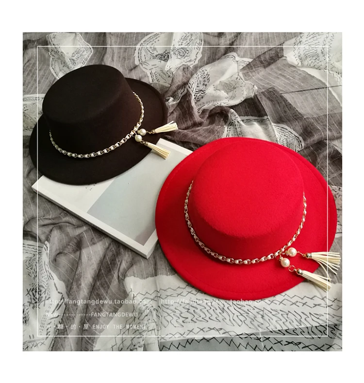 2021 autumn winter British style pearl felt hat fashion pearl chain flat cap casual trend retro fringed wide brim formal hat