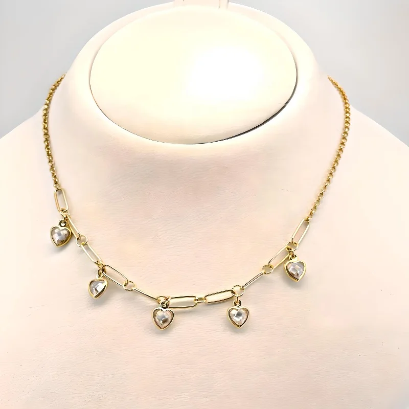 Handmade quality Choker Necklace Silver 18K Gold Plated Hanging Hearts Briolette Zircon Bezel Setting Stone Link Chain for women