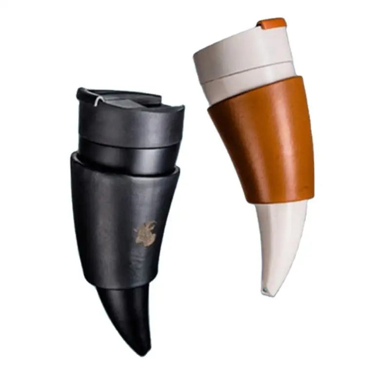 Portable Stainless Steel Goat Horn Coffee Mug with Leather Vacuum Camping Travel Thermos Mug