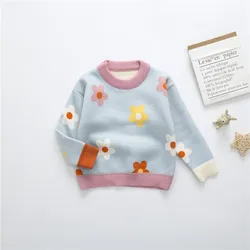 Autumn Winter Kids Velvet Sweater Girls Baby Flower Thicken Pullover Knit Bottoming Shirt Wechat Dropshipping