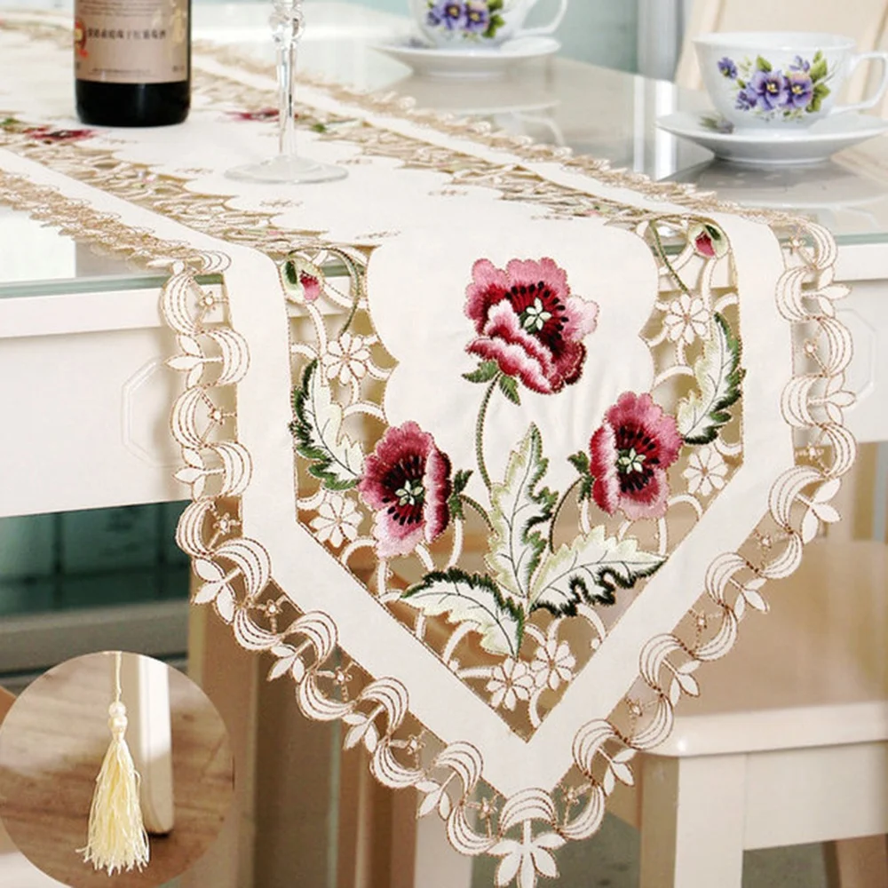Nice delicate ready hotel cafe restaurant wedding dinning room rose embroidery flower table runner tablecloth chair cloth cover