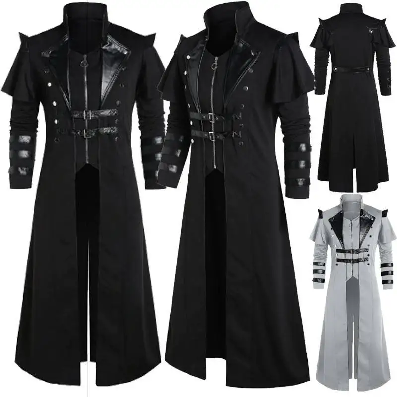 Medieval Steampunk Assassin Elves Pirate Costume Adult Men Black Long Split Jacket Gothic Vintage Halloween Coats