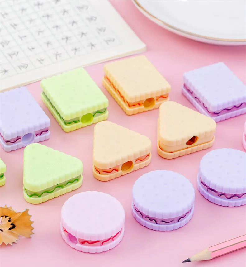 Wholesale Promotional Giveway Gift Colored Macaroon Biscuit Shape Cartoon Plastic Kids Cute Pencil Sharpener
